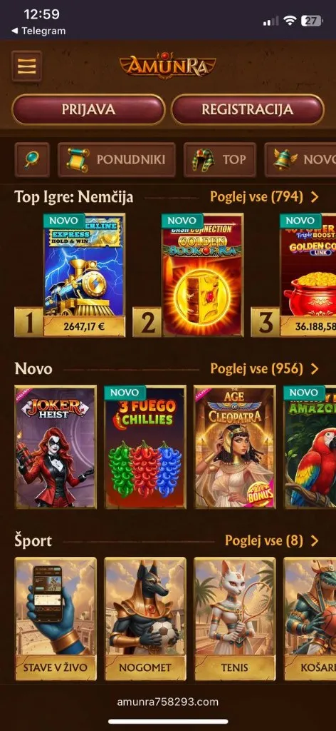 AmunRa mobilni zaslon — live casino