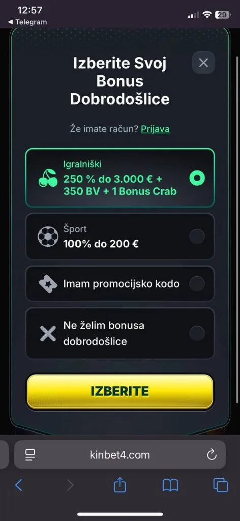 Kinbet mobilni zaslon — casino ponudba