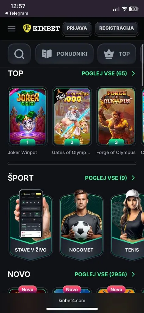 Kinbet mobilni zaslon — športne stave
