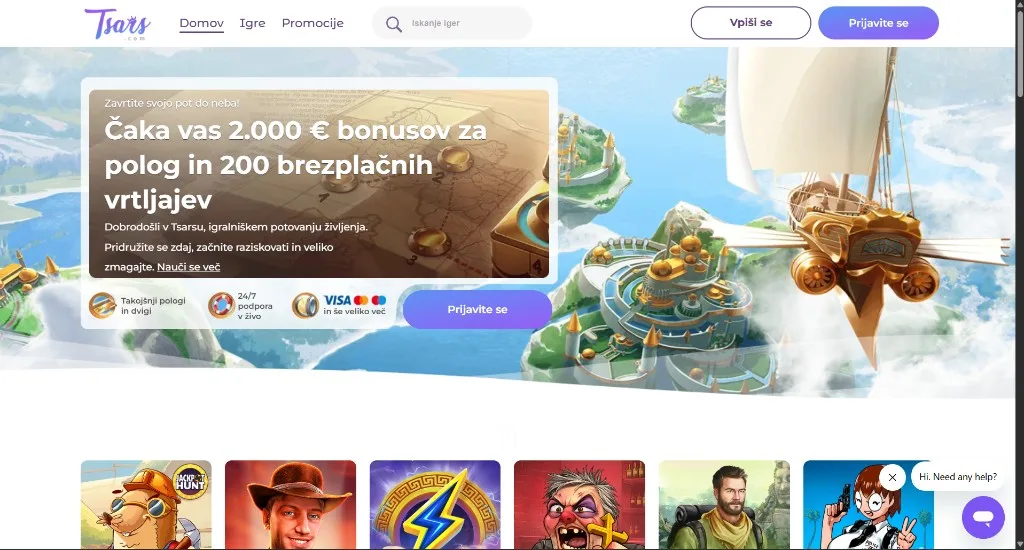 Tsars namizni prikaz spletne igralnice v slovenščini