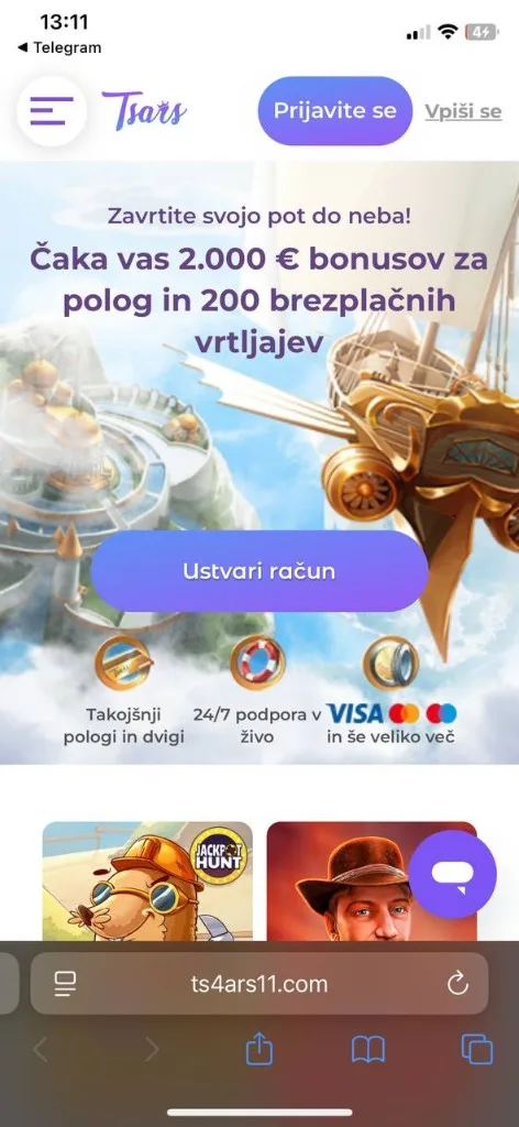 Tsars mobilni zaslon — domača stran